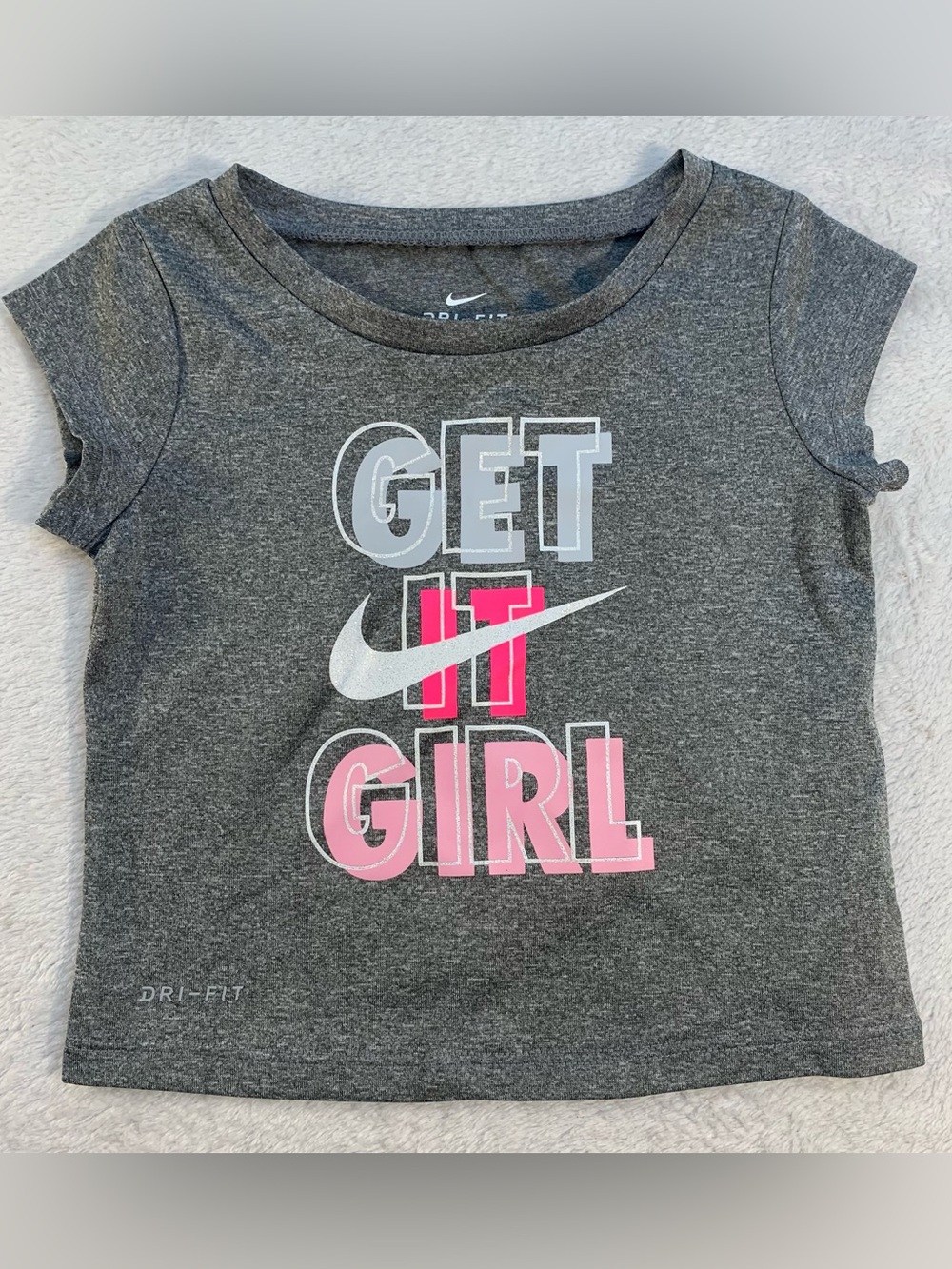 Nike Gray Dri-Fit 18M Baby Girl Tee with Pink and White 'GET IT GIRL' Graphic